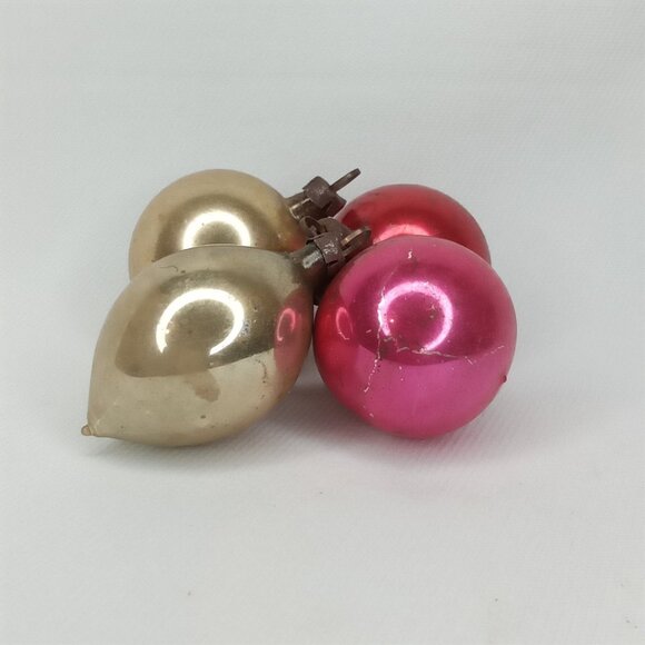 MCM Christmas Ornament Set Of 4 Feather Tree Gold & Pink Glass Shiny Brite 1950s - Picture 3 of 9